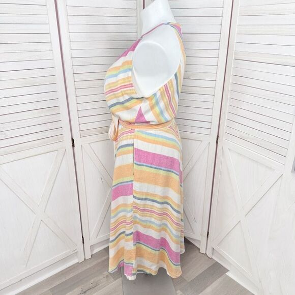 New York & Company Linen Blend Striped Halter Midi Dress Sundress Pink Multi XL - Picture 2 of 14